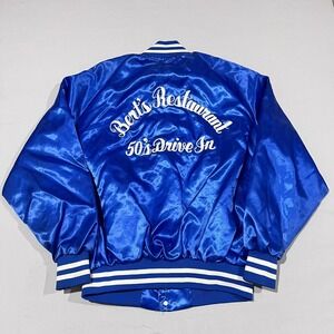 Vintage Satins Mens Blue Jack Bert's Restaurant 50's Drive In Bomber Jacket XL
